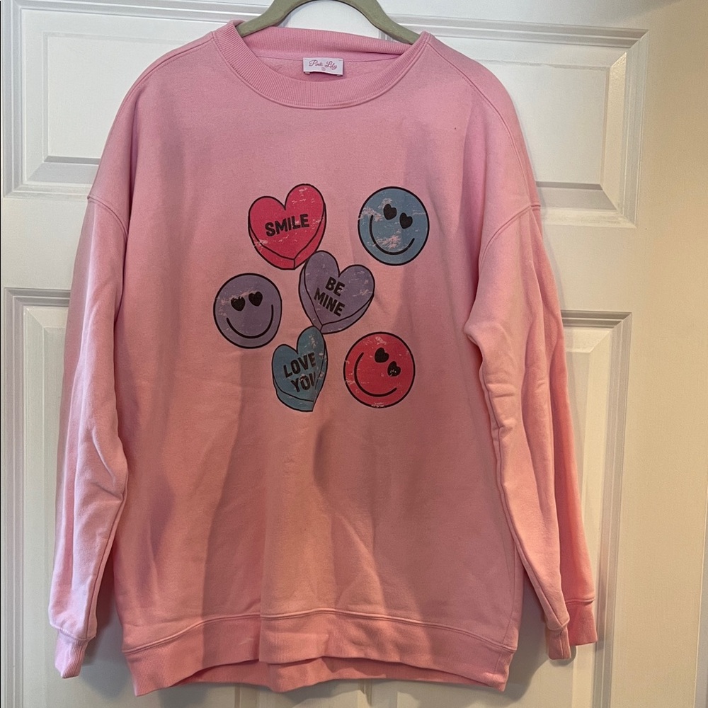 Pink Lily Pink Smiley Face Crew Neck Sweater